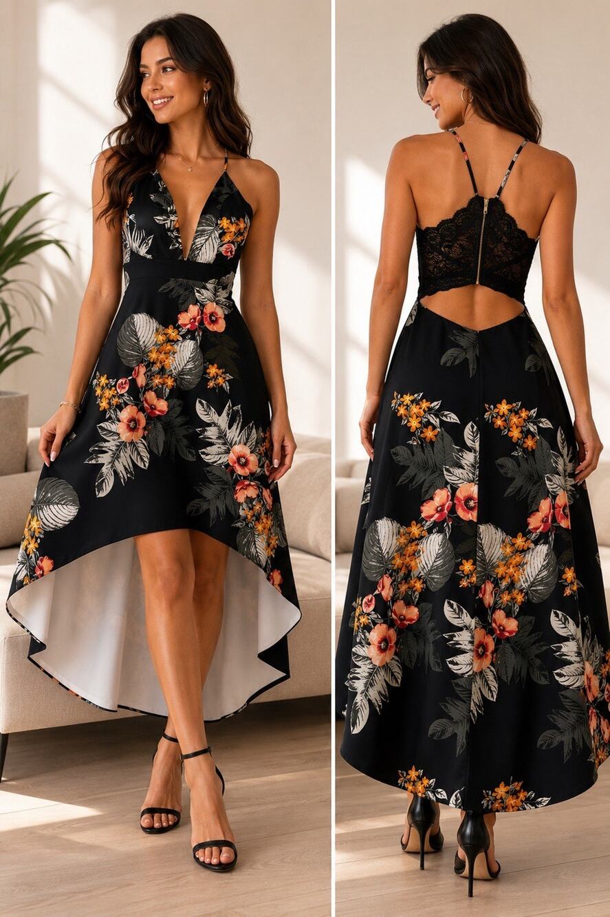 Speechless Floral High Low Dress Lace Back Cutout Black Womens Size S
